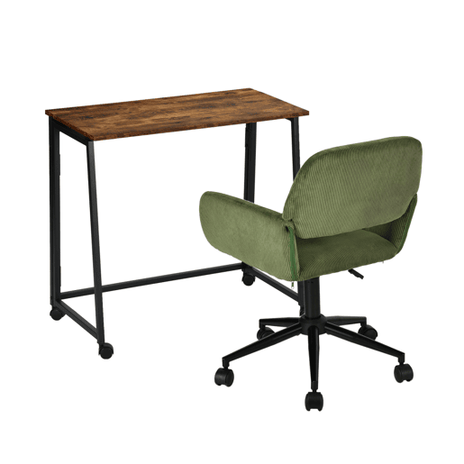 MEUBLES COSY Conjunto de Secretária e Cadeira de Escritório Jogo de Mesa de Computador Dobrável Industrial com Rodas e Cadeira Giratória Ajustável em Altura de Veludo Cotelê Verde