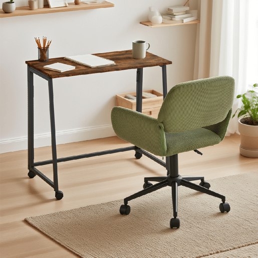 MEUBLES COSY Conjunto de Secretária e Cadeira de Escritório Jogo de Mesa de Computador Dobrável Industrial com Rodas e Cadeira Giratória Ajustável em Altura de Veludo Cotelê Verde