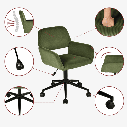 MEUBLES COSY Conjunto de Secretária e Cadeira de Escritório Jogo de Mesa de Computador Dobrável Industrial com Rodas e Cadeira Giratória Ajustável em Altura de Veludo Cotelê Verde