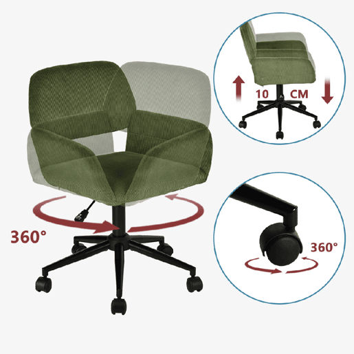 MEUBLES COSY Conjunto de Secretária e Cadeira de Escritório Jogo de Mesa de Computador Dobrável Industrial com Rodas e Cadeira Giratória Ajustável em Altura de Veludo Cotelê Verde
