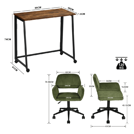 MEUBLES COSY Conjunto de Secretária e Cadeira de Escritório Jogo de Mesa de Computador Dobrável Industrial com Rodas e Cadeira Giratória Ajustável em Altura de Veludo Cotelê Verde