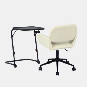 MEUBLES COSY Conjunto de Mesa de Apoio Dobrável com Porta-copos e Altura Ajustável e Cadeira de Escritório Giratória de Veludo Bege