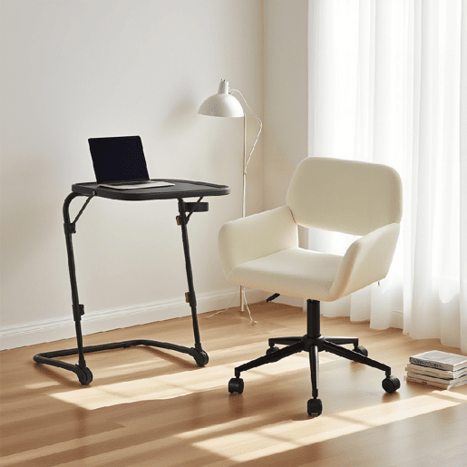 MEUBLES COSY Conjunto de Mesa de Apoio Dobrável com Porta-copos e Altura Ajustável e Cadeira de Escritório Giratória de Veludo Bege