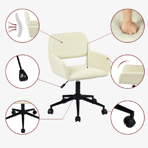MEUBLES COSY Conjunto de Mesa de Apoio Dobrável com Porta-copos e Altura Ajustável e Cadeira de Escritório Giratória de Veludo Bege