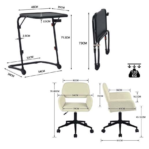 MEUBLES COSY Conjunto de Mesa de Apoio Dobrável com Porta-copos e Altura Ajustável e Cadeira de Escritório Giratória de Veludo Bege