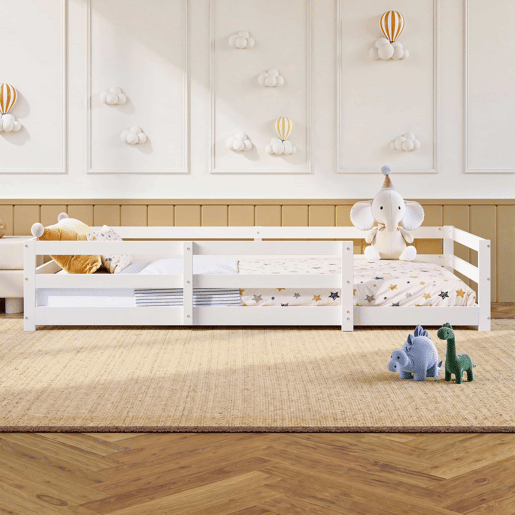 Cama Montessori de chão 90 x 200 cm - com barreira de segurança, sem base, madeira de pinho, montagem rápida - branca