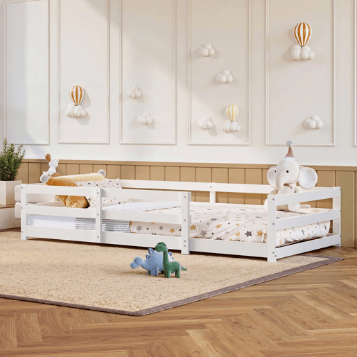 Cama Montessori de chão 90 x 200 cm - com barreira de segurança, sem base, madeira de pinho, montagem rápida - branca