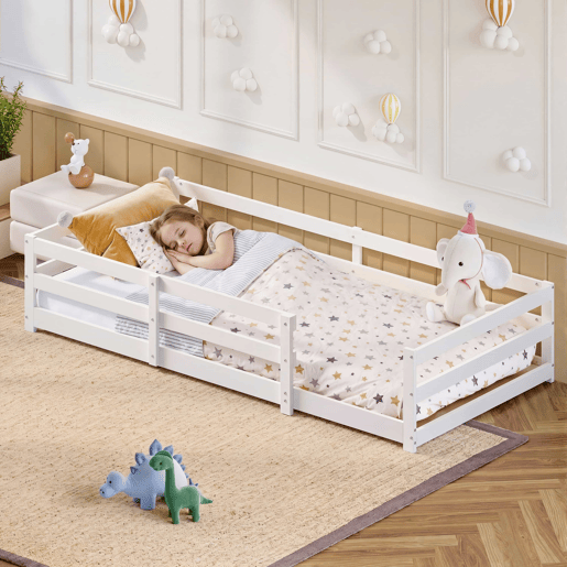 Cama Montessori de chão 90 x 200 cm - com barreira de segurança, sem base, madeira de pinho, montagem rápida - branca