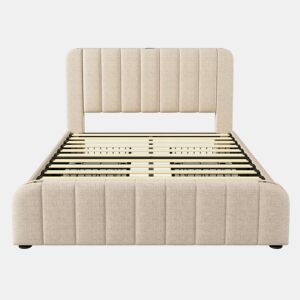 Cama de casal estofada 140 x 190 cm - cabeceira acolchoada com faixas decorativas douradas, porta USB Tipo C, 4 gavetas de arrumação, estrutura em linho, capacidade de carga de 181 kg - bege