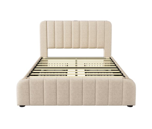 Cama tapizada doble 140x190 cm - cabecero acolchado con tiras decorativas doradas, carga usb tipo-c, 4 cajones de almacenamiento, estructura de lino,