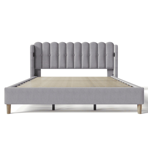 Cama estofada 180 x 200 cm - Dupla com porta USB Tipo C, com base incluída, cabeceira almofadada - Cinza