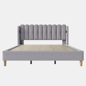 Cama estofada 180 x 200 cm - Dupla com porta USB Tipo C, com base incluída, cabeceira almofadada - Cinza