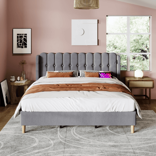 Cama estofada 180 x 200 cm - Dupla com porta USB Tipo C, com base incluída, cabeceira almofadada - Cinza