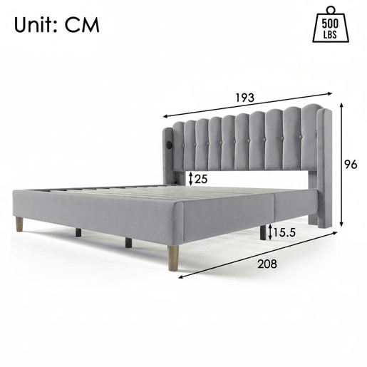 Cama estofada 180 x 200 cm - Dupla com porta USB Tipo C, com base incluída, cabeceira almofadada - Cinza