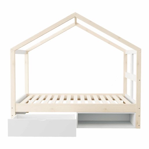 Cama juvenil em madeira 90x190 cm - com gavetas, sapateira pequena, iluminação LED multicolorida e base de ripas - cor de madeira natural