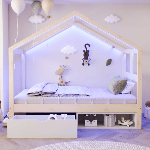 Cama juvenil em madeira 90x190 cm - com gavetas, sapateira pequena, iluminação LED multicolorida e base de ripas - cor de madeira natural
