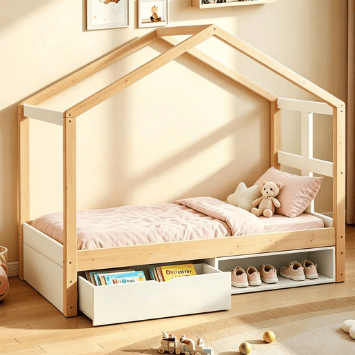 Cama juvenil em madeira 90x190 cm - com gavetas, sapateira pequena, iluminação LED multicolorida e base de ripas - cor de madeira natural