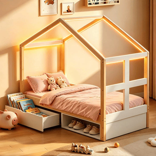 Cama juvenil em madeira 90x190 cm - com gavetas, sapateira pequena, iluminação LED multicolorida e base de ripas - cor de madeira natural