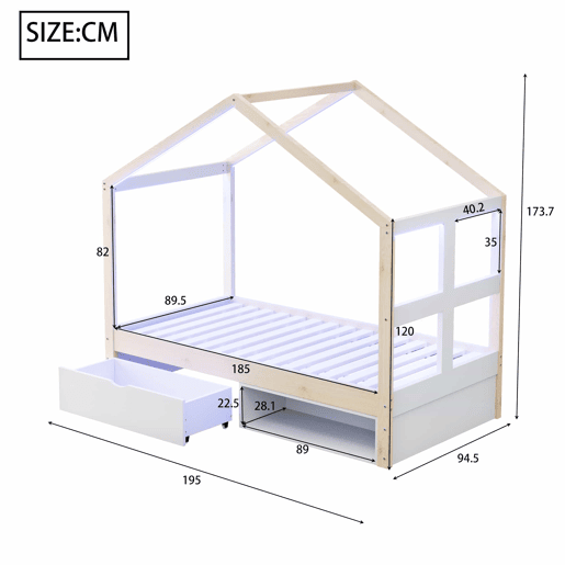 Cama juvenil em madeira 90x190 cm - com gavetas, sapateira pequena, iluminação LED multicolorida e base de ripas - cor de madeira natural