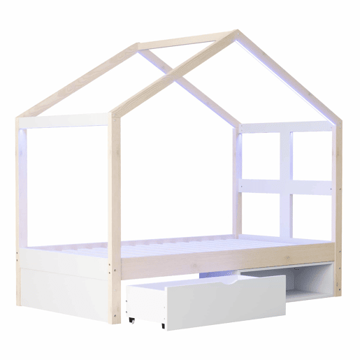 Cama juvenil em madeira 90x190 cm - com gavetas, sapateira pequena, iluminação LED multicolorida e base de ripas - cor de madeira natural