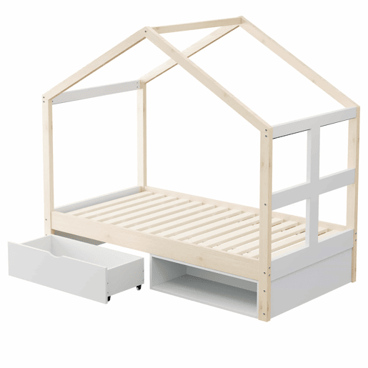 Cama juvenil em madeira 90x190 cm - com gavetas, sapateira pequena, iluminação LED multicolorida e base de ripas - cor de madeira natural