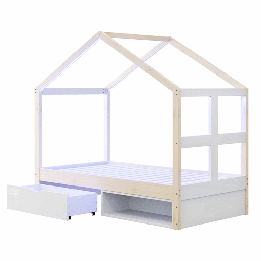 Cama juvenil em madeira 90x190 cm - com gavetas, sapateira pequena, iluminação LED multicolorida e base de ripas - cor de madeira natural