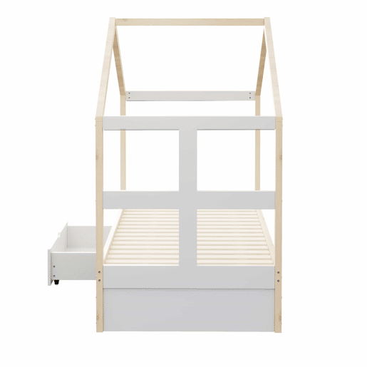 Cama juvenil em madeira 90x190 cm - com gavetas, sapateira pequena, iluminação LED multicolorida e base de ripas - cor de madeira natural