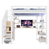 Cama alta metálica 140x200 - Secretária comprida, painel perfurado, estante triangular, tomadas europeias, luz LED, várias prateleiras, grade alta - Branco