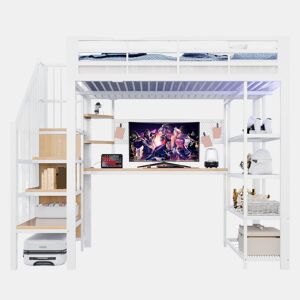 Cama alta metálica 140x200 - Secretária comprida, painel perfurado, estante triangular, tomadas europeias, luz LED, várias prateleiras, grade alta - Branco