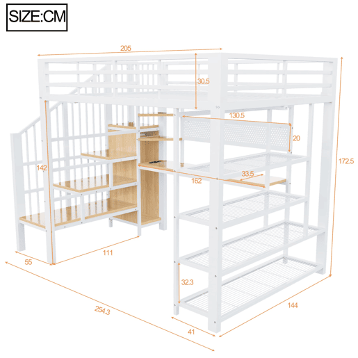 Cama alta metálica 140x200 - Secretária comprida, painel perfurado, estante triangular, tomadas europeias, luz LED, várias prateleiras, grade alta - Branco Cama alta metálica 140x200 - Secretária comprida, painel perfurado, estante triangular, tomadas europeias, luz LED, várias prateleiras, grade alta - Branco