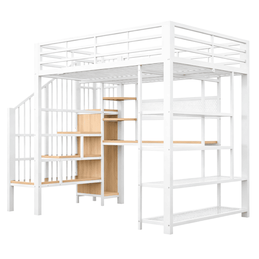 Cama alta metálica 140x200 - Secretária comprida, painel perfurado, estante triangular, tomadas europeias, luz LED, várias prateleiras, grade alta - Branco Cama alta metálica 140x200 - Secretária comprida, painel perfurado, estante triangular, tomadas europeias, luz LED, várias prateleiras, grade alta - Branco