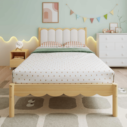 Cama infantil estofada 90 x 200 cm - Cabeceira acolchoada em PU com design ondulado, base de ripas estável, estrutura em madeira maciça - Bege e Natural Cama infantil estofada 90 x 200 cm - Cabeceira acolchoada em PU com design ondulado, base de ripas estável, estrutura em madeira maciça - Bege e Natural