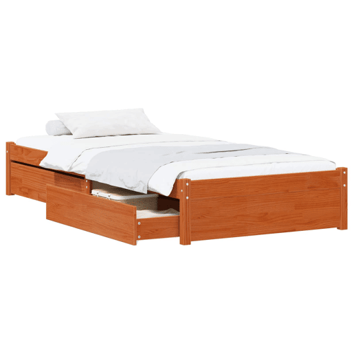 Estrutura de cama de solteiro para adultos com gaveta 3 pcs Marrom Cera Madeira de pinho