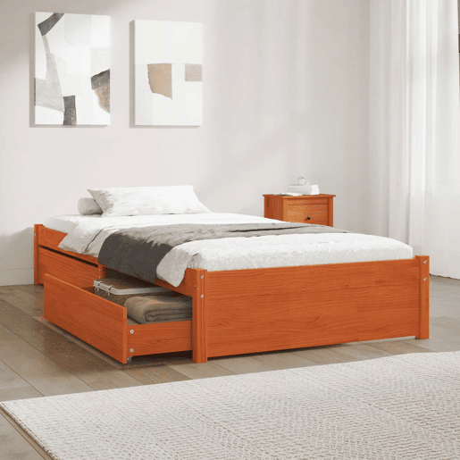 Estrutura de cama de solteiro para adultos com gaveta 3 pcs Marrom Cera Madeira de pinho