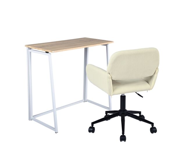 Meubles cosy conjunto escritorio plegable mdf roble y silla giratoria 360° en pana, altura regulable, beige