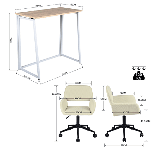 MEUBLES COSY Conjunto Secretária Dobrável MDF Carvalho e Cadeira Giratória 360° em Pana, Altura Regulável, Bege