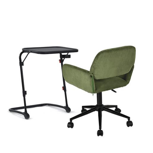 MEUBLES COSY Conjunto de Mesa de Apoio Dobrável com Porta-copos e Altura Ajustável e Cadeira de Escritório Giratória de Veludo Verde