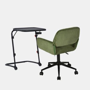 MEUBLES COSY Conjunto de Mesa de Apoio Dobrável com Porta-copos e Altura Ajustável e Cadeira de Escritório Giratória de Veludo Verde