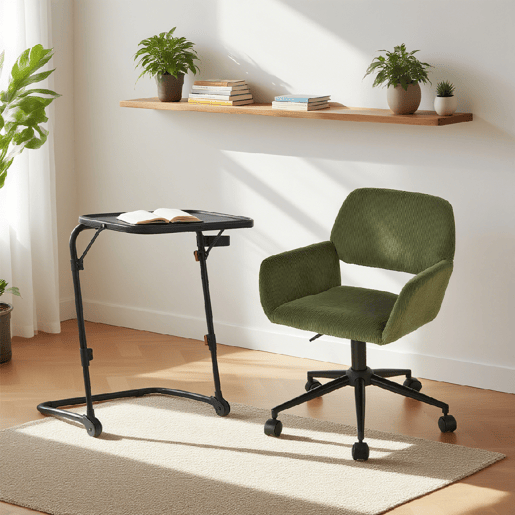 MEUBLES COSY Conjunto de Mesa de Apoio Dobrável com Porta-copos e Altura Ajustável e Cadeira de Escritório Giratória de Veludo Verde