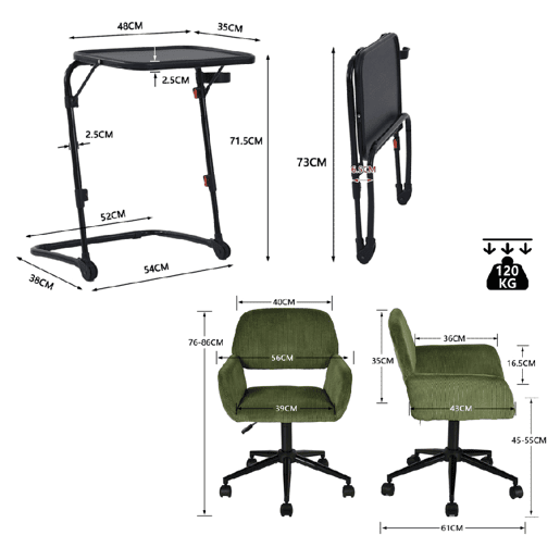 MEUBLES COSY Conjunto de Mesa de Apoio Dobrável com Porta-copos e Altura Ajustável e Cadeira de Escritório Giratória de Veludo Verde