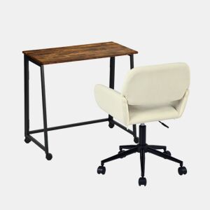 MEUBLES COSY Conjunto de Secretária e Cadeira de Escritório Jogo de Mesa de Computador Dobrável Industrial com Rodas e Cadeira Giratória Ajustável em Altura de Veludo Cotelê Bege