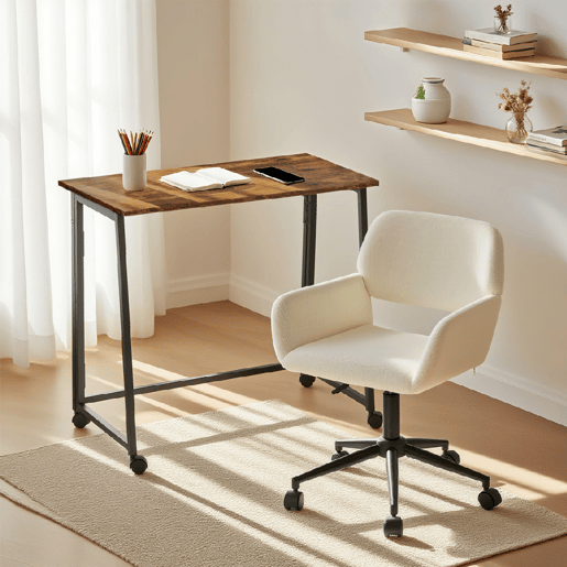 MEUBLES COSY Conjunto de Secretária e Cadeira de Escritório Jogo de Mesa de Computador Dobrável Industrial com Rodas e Cadeira Giratória Ajustável em Altura de Veludo Cotelê Bege
