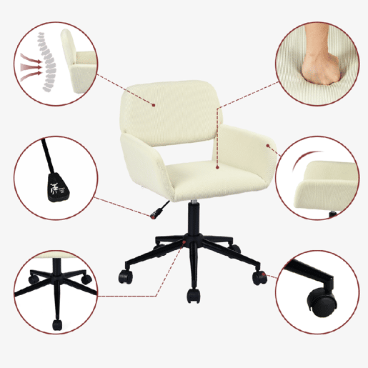 MEUBLES COSY Conjunto de Secretária e Cadeira de Escritório Jogo de Mesa de Computador Dobrável Industrial com Rodas e Cadeira Giratória Ajustável em Altura de Veludo Cotelê Bege