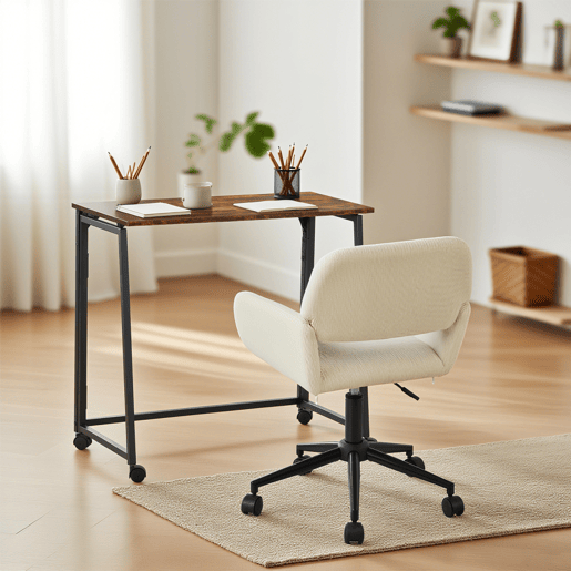 MEUBLES COSY Conjunto de Secretária e Cadeira de Escritório Jogo de Mesa de Computador Dobrável Industrial com Rodas e Cadeira Giratória Ajustável em Altura de Veludo Cotelê Bege