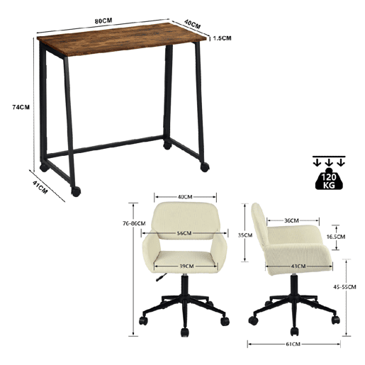 MEUBLES COSY Conjunto de Secretária e Cadeira de Escritório Jogo de Mesa de Computador Dobrável Industrial com Rodas e Cadeira Giratória Ajustável em Altura de Veludo Cotelê Bege
