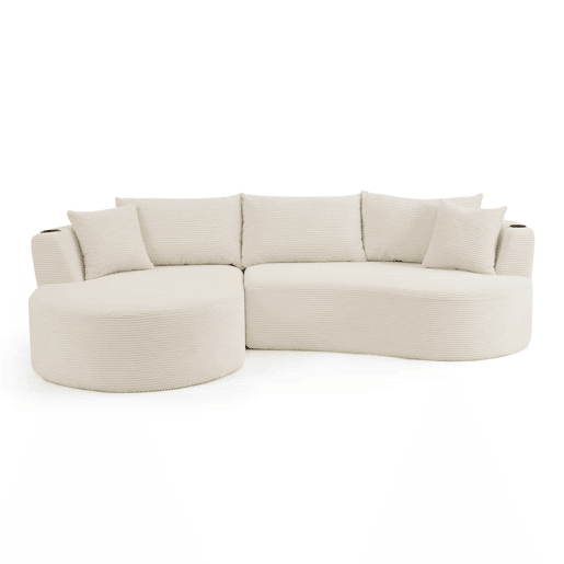 Sofá modular de 3 lugares - Chaise longue à esquerda + sofá de 2 lugares, design curvo, tecido de veludo cotelê macio, com porta-copos e almofadas, embalado a vácuo - Bege