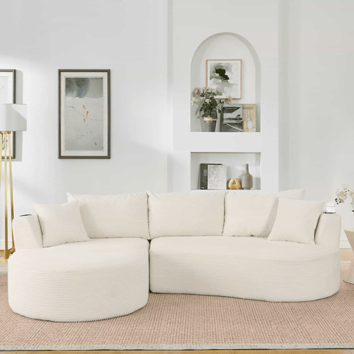 Sofá modular de 3 lugares - Chaise longue à esquerda + sofá de 2 lugares, design curvo, tecido de veludo cotelê macio, com porta-copos e almofadas, embalado a vácuo - Bege