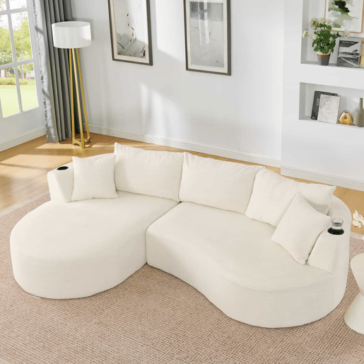 Sofá modular de 3 lugares - Chaise longue à esquerda + sofá de 2 lugares, design curvo, tecido de veludo cotelê macio, com porta-copos e almofadas, embalado a vácuo - Bege