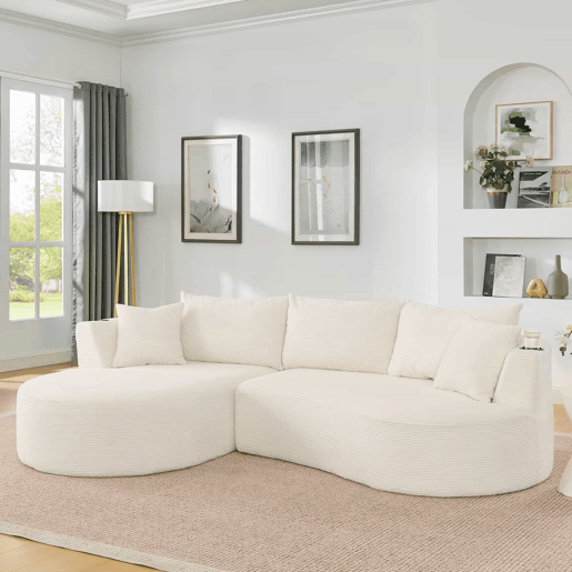 Sofá modular de 3 lugares - Chaise longue à esquerda + sofá de 2 lugares, design curvo, tecido de veludo cotelê macio, com porta-copos e almofadas, embalado a vácuo - Bege