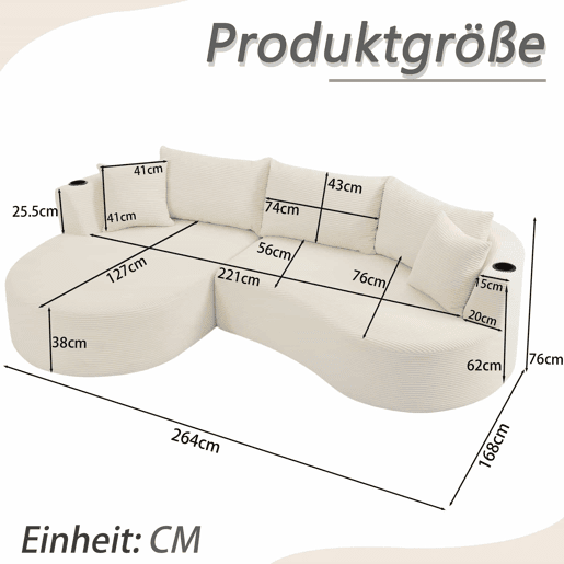 Sofá modular de 3 lugares - Chaise longue à esquerda + sofá de 2 lugares, design curvo, tecido de veludo cotelê macio, com porta-copos e almofadas, embalado a vácuo - Bege